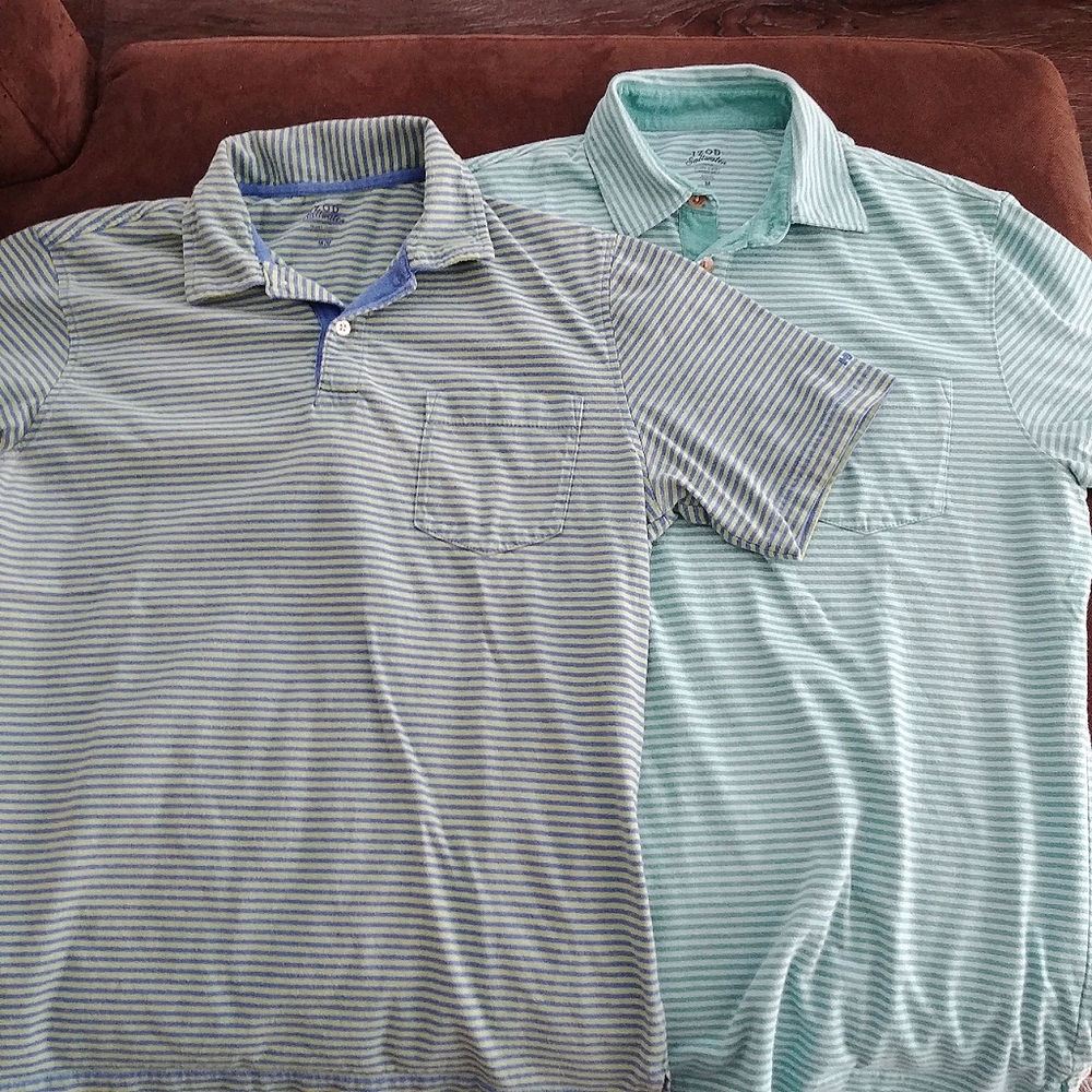2 IZOD Men's Med Blue & Green Striped Golf Shirts. Cotton Blend Relaxed Classics